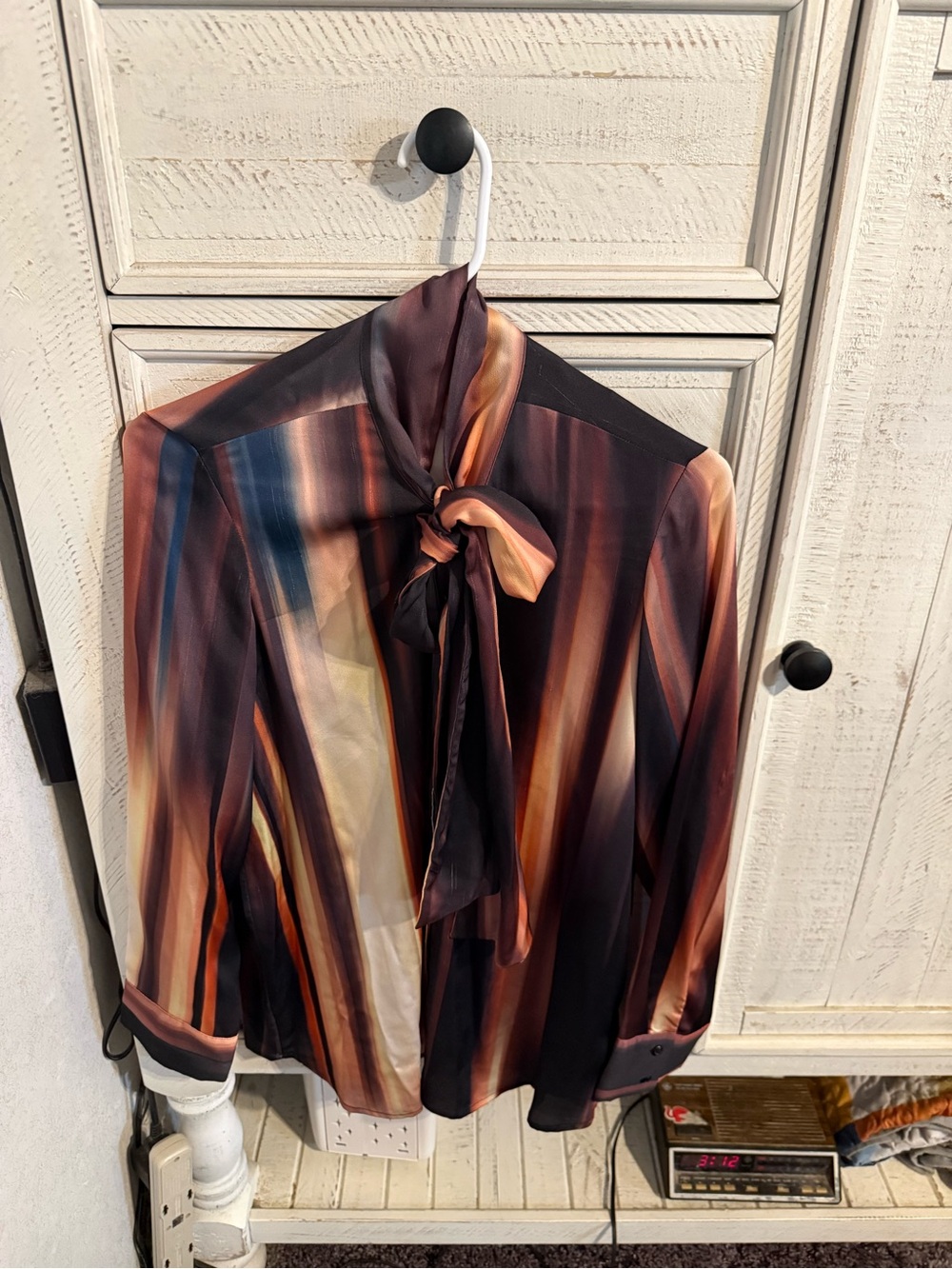 Express Satin Tie-Neck Blouse in Burgundy, Navy & Cream Stripes